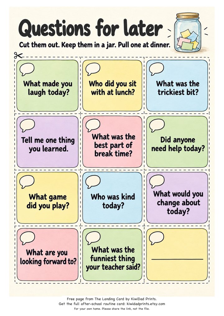 The Questions for later printable: twelve colourful question cards, such as 'What made you laugh today?' and 'Who was kind today?', with a jar of folded cards in the corner.